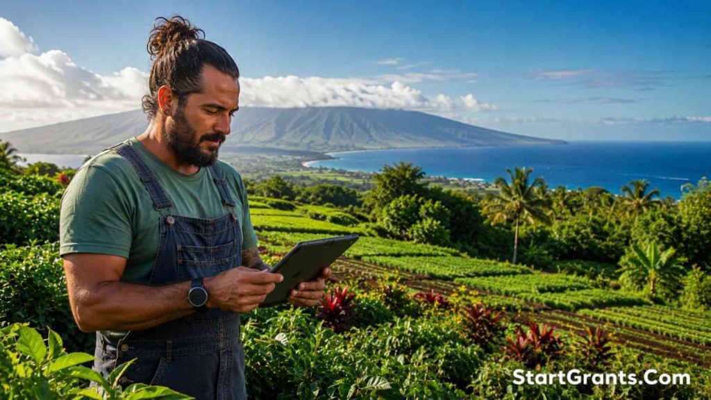 A farmer reviewing agriculture grants in Hawaii with a lush volcanic farm and the Pacific Ocean in the background.