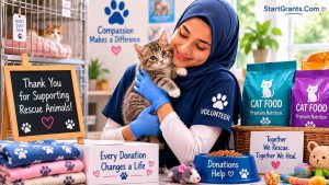 A happy volunteer at an animal shelter organizing donated pet food and supplies for rescue dogs