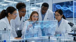 A diverse team of scientists, including women in STEM, writing a research grant proposal in a modern lab.