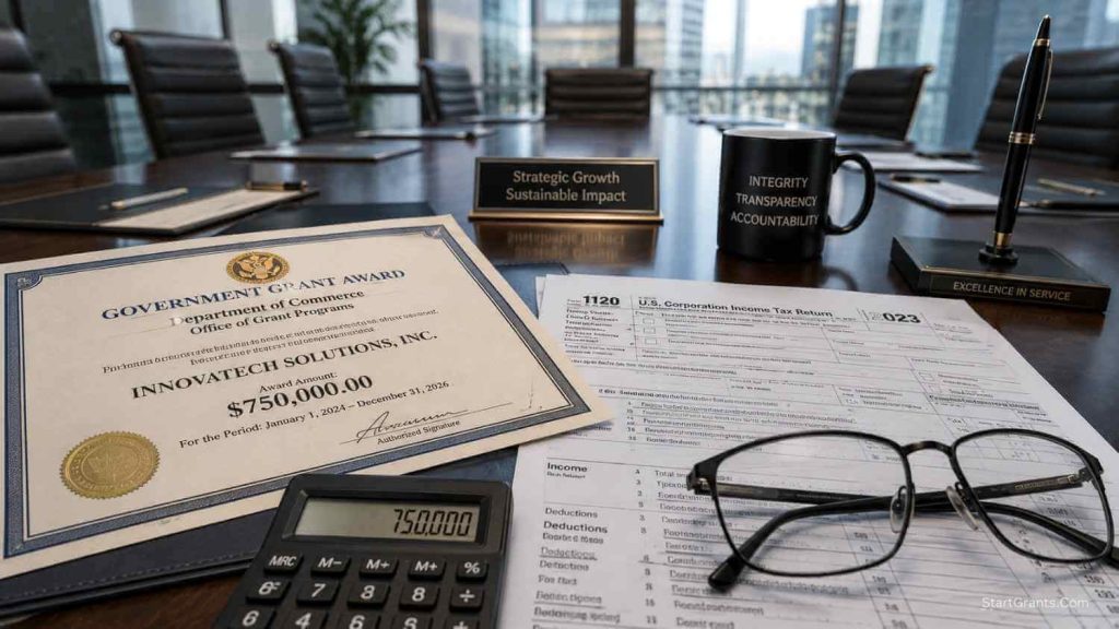 A corporate desk showing government grant award documents next to business tax return forms.