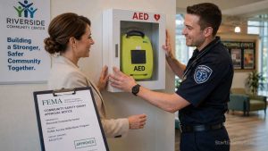 A community director and a paramedic installing a new AED funded by a government grant.