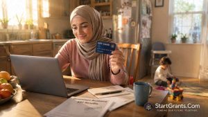 A single mother holding a government EBT card after successfully applying for cash assistance.