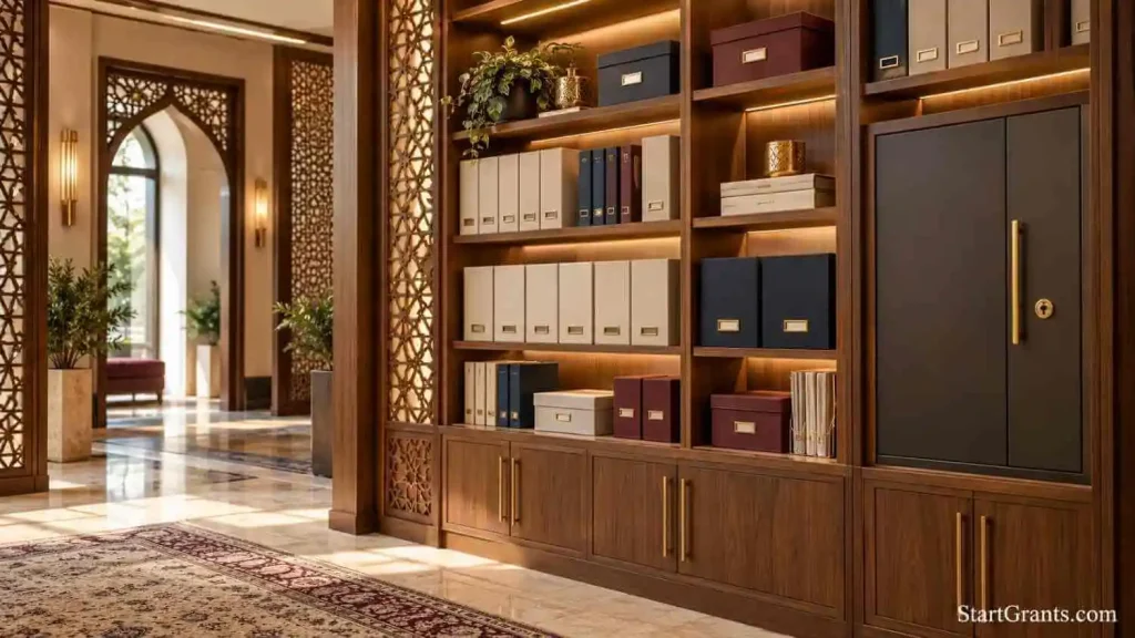 Secure business archive representing careful corporate grant recordkeeping and amanah.