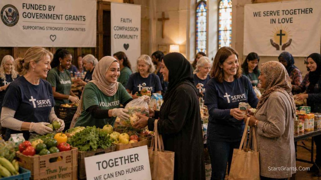 Volunteers operating a community food bank inside a religious building funded by government grants.