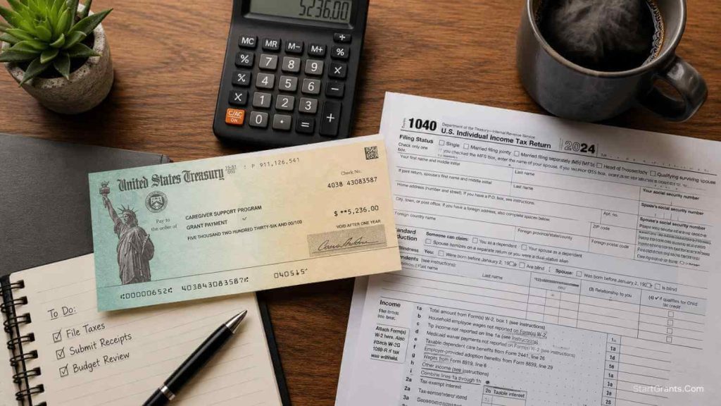 An IRS tax form next to a US Treasury grant check, illustrating the tax implications of receiving government funding.