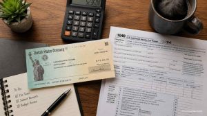 An IRS tax form next to a US Treasury grant check, illustrating the tax implications of receiving government funding.