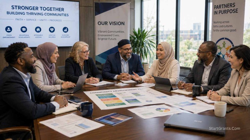 Muslim community leaders and interfaith allies collaborating on a strategic capacity building plan funded by grants.