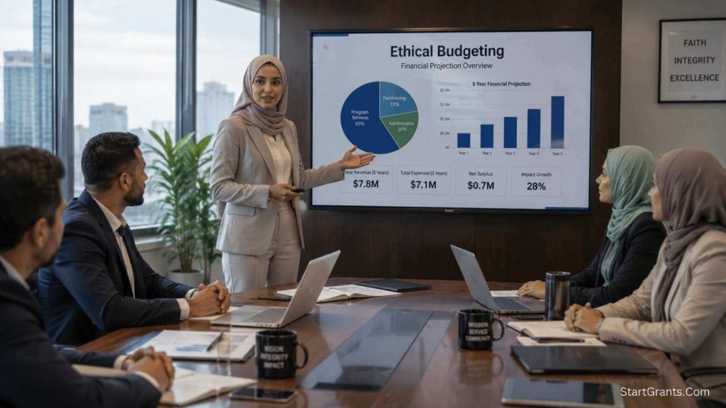 A Muslim nonprofit leader presenting an ethical budget without Riba.