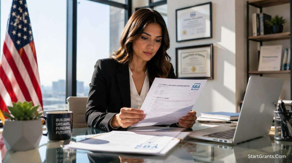 A female entrepreneur reviewing a federal grants for women list and government contract documents in her office.