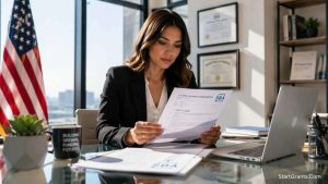 A female entrepreneur reviewing a federal grants for women list and government contract documents in her office.