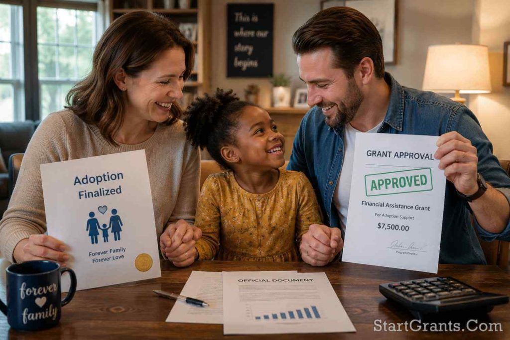 A happy family reviewing financial assistance for adoption and government grant approval documents.