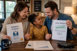A happy family reviewing financial assistance for adoption and government grant approval documents.