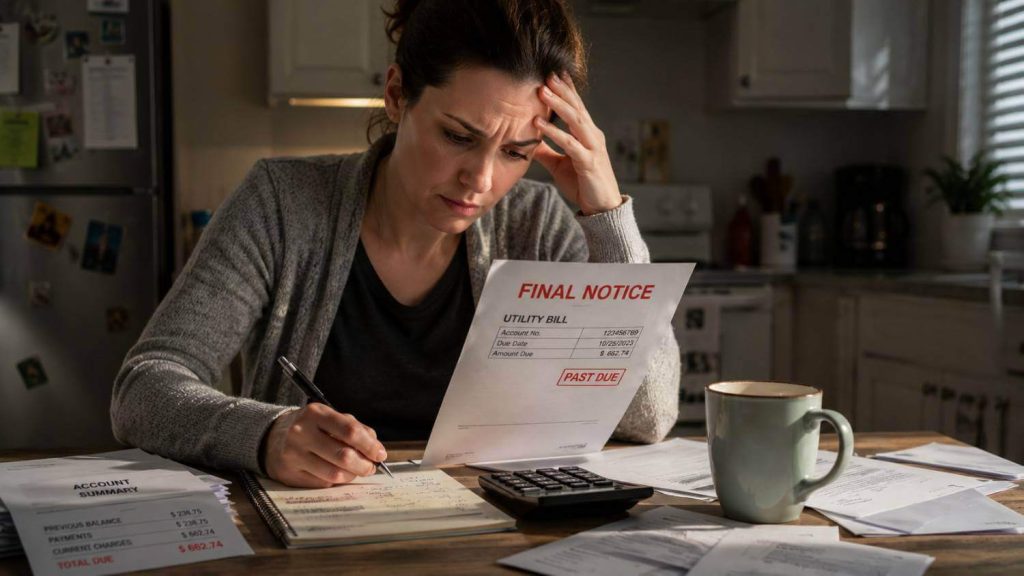 A stressed person calculating living expenses and reviewing final notice utility bills.