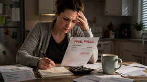 A stressed person calculating living expenses and reviewing final notice utility bills.