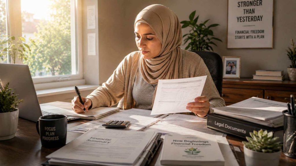 A divorced woman organizing financial assistance documents and legal paperwork for a fresh start.