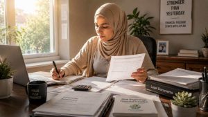A divorced woman organizing financial assistance documents and legal paperwork for a fresh start.