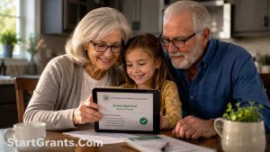 An elderly couple reviewing financial assistance for grandparents raising grandchildren on a tablet with their young grandchild.