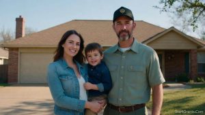 A veteran family standing in front of their home in Texas, securing financial assistance for veterans in Texas.