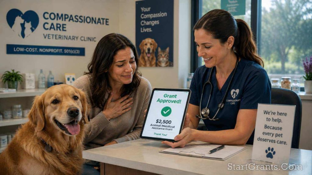 A pet owner and veterinarian reviewing a financial assistance for veterinary care approval document.