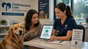 A pet owner and veterinarian reviewing a financial assistance for veterinary care approval document.