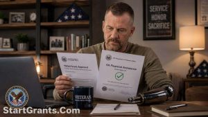 A service-disabled veteran reviewing official VA financial assistance and TSGLI grant approval documents.