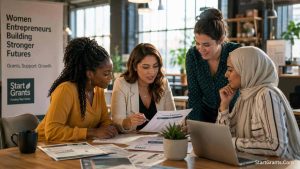 A diverse team of women entrepreneurs collaborating on small business grant applications in an office.