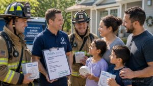 Firefighters and a community director distributing smoke alarms funded by FEMA fire prevention grants.