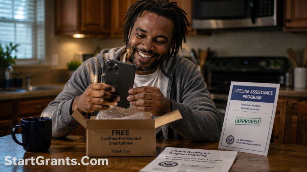 A person unboxing a free government smartphone obtained through the Lifeline assistance program.