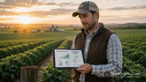 A modern farmer checking agriculture grant data on a tablet in a lush green field at sunrise.