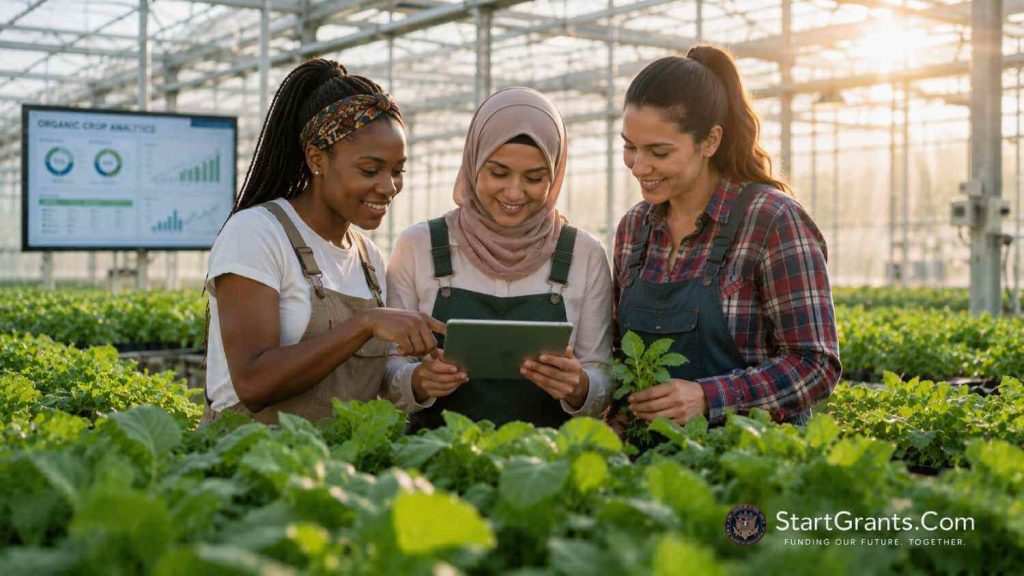 Women farmers reviewing agricultural project documents inside a greenhouse