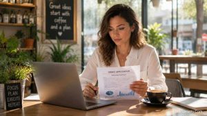 A self-employed freelancer reviewing government grant applications on a laptop.