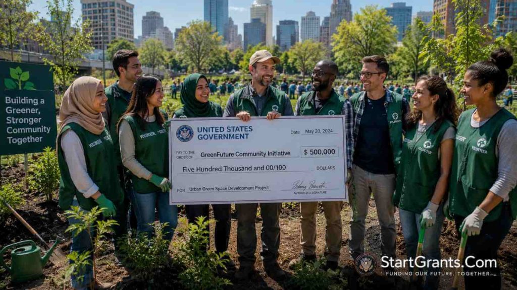Nonprofit volunteers holding a government grant check for an environmental tree planting project.