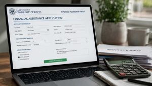 A laptop displaying an official government financial assistance application form.