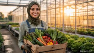 A female farmer holding a crate of fresh organic vegetables harvested from a federally funded greenhouse.