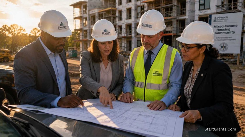 Real estate investors and government officials reviewing development blueprints funded by HUD grants.