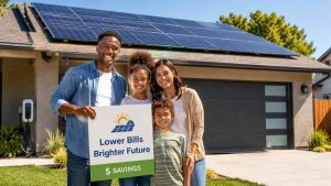 A family standing in front of their home featuring a newly installed roof solar panel system funded by government grants.