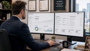 A nonprofit director using grant tracking software on a dual-monitor setup to manage federal compliance and budgets.