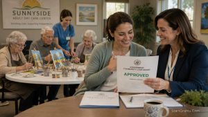 A caregiver reviewing an approved government grant for adult day care services.