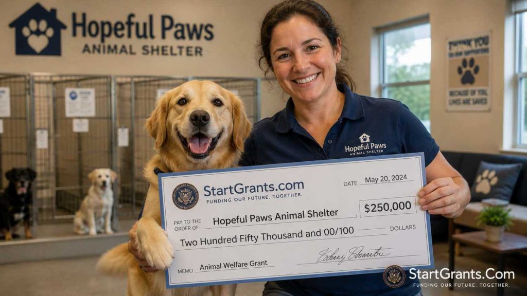 An animal shelter director holding a large grant check next to a rescue dog.
