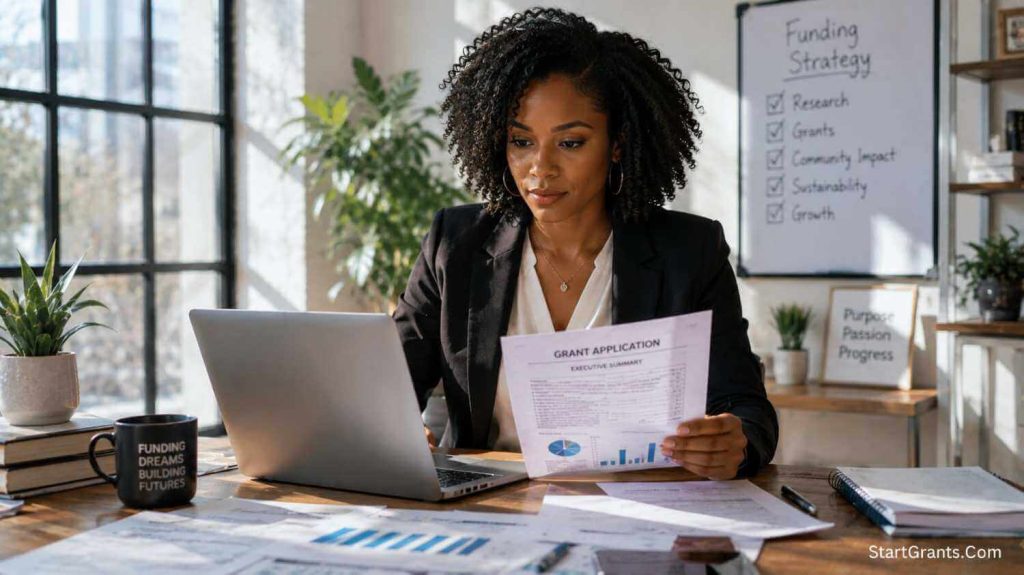 A confident Black female entrepreneur reviewing small business grant applications on her laptop.