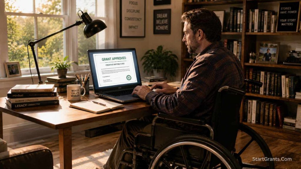 A disabled writer in a wheelchair reviewing a grant approval document on a laptop in a home office.