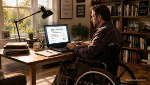A disabled writer in a wheelchair reviewing a grant approval document on a laptop in a home office.