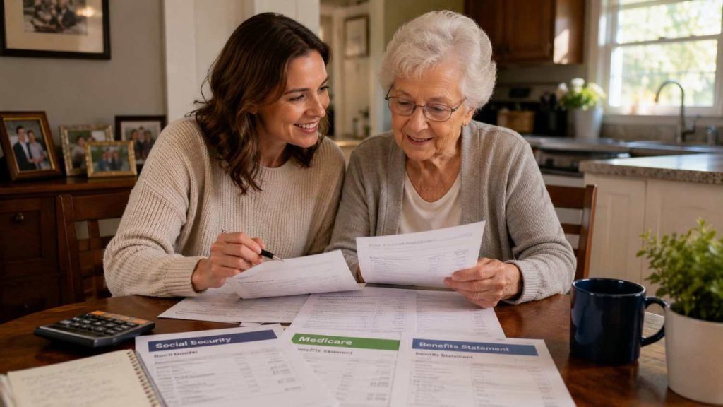 An adult child helping their elderly parent apply for government grants and financial assistance for assisted living.