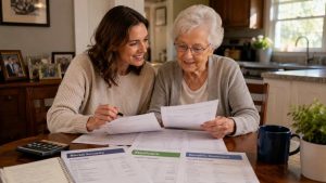 An adult child helping their elderly parent apply for government grants and financial assistance for assisted living.