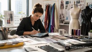 A professional fashion designer working in a studio, funded by government and private grants.