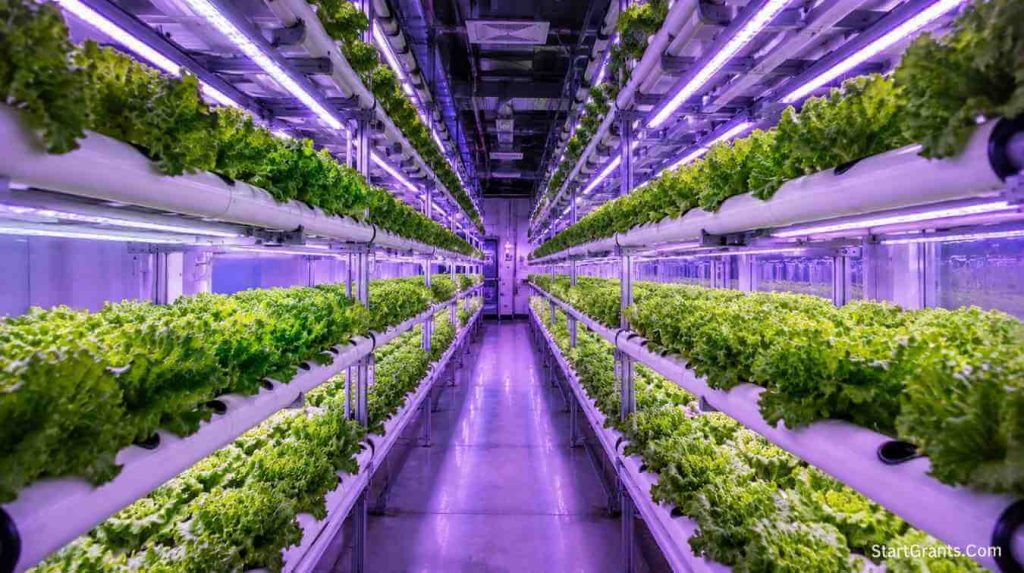 A high-tech indoor hydroponic farm utilizing advanced LED lighting and water circulation systems funded by government grants.