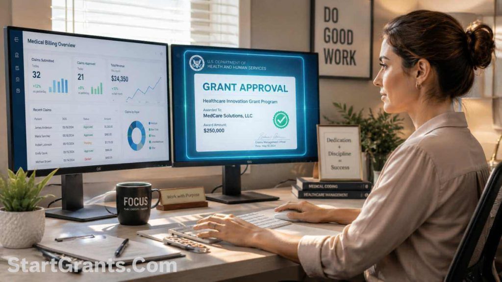 A professional working from home on medical billing software funded by government grants.