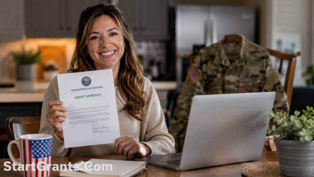 A military spouse successfully securing education and business grants on a laptop.