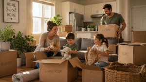 A family unpacking boxes in their new apartment after receiving moving assistance.
