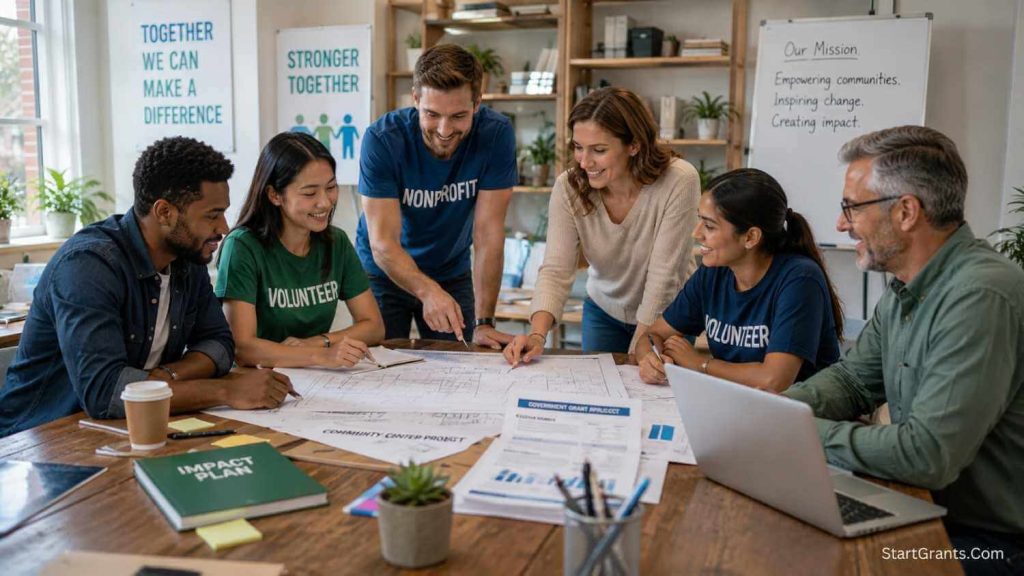 A diverse team of nonprofit workers collaborating on a government grant application.